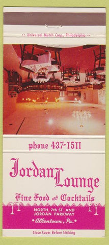 Matchbook Cover - Jordan Lounge Allentown PA 30 Strike