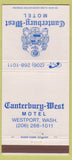 Matchbook Cover - Canterbury West Motel Westport WA 30 Strike