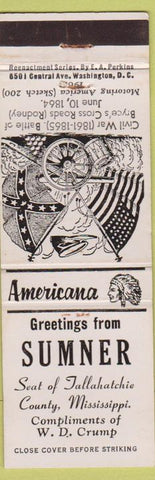 Matchbook Cover - Sumner MS Tallahatchie Civil War Perkins Americana White