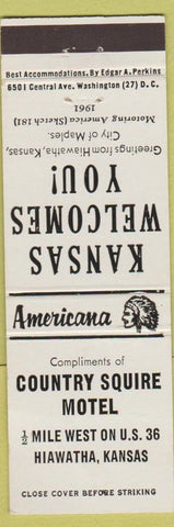 Matchbook Cover - Country Squire Motel Hiawatha KS Perkins Americana White