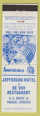 Matchbook Cover - Jefferson Motel Orange VA Civil War Perkins Americana White
