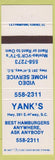 Matchbook Cover - Yank's East Highway SC VHS Rentals Hamburgers