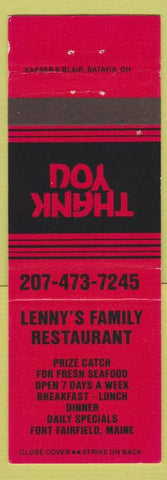 Matchbook Cover - Lenny's Farmily Restaurant Fort Fairfield ME