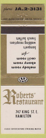 Matchbook Cover - Roberts' Restaurant Hamilton ON