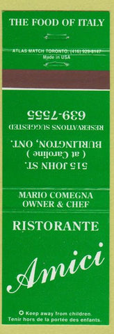 Matchbook Cover - Restaurant Amici Italian Food Burlington ON