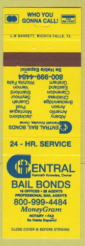 Matchbook Cover - Central Bail Bonds TX Amarillo Eastland Quanah Vernon