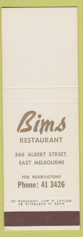 Matchbook Cover - Bims Restaurant East Melbourne Australia SAMPLE