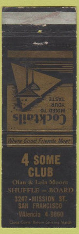 Matchbook Cover - 4 Some Club San Francisco CA Shuffleboard