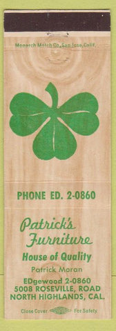 Matchbook Cover - Patrick's Furniture North Highlands CA