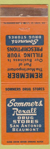 Matchbook Cover - Sommers Rexall dRugs San Antonio Beaumont TX