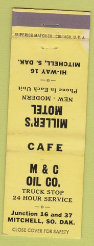 Matchbook Cover - Miller's Motel oil gas truck stop Mitchell SD