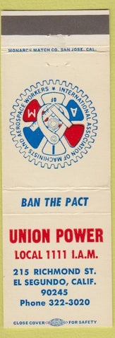 Matchbook Cover - Machinists Aerospace Workers Union El Segundo cA