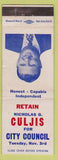 Matchbook Cover - Nicholas G Culjis City Council Sacramento CA