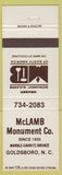 Matchbook Cover - Monument Builders of America Goldsboro NC Headstones