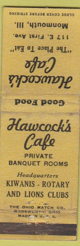 Matchbook Cover - Hawcock's Cafe Monmouth IL WORN