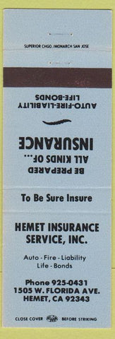 Matchbook Cover - Hemet Insurance Hemet CA