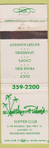 Matchbook Cover - The Palm's Supper Club Rothschild WI WONR