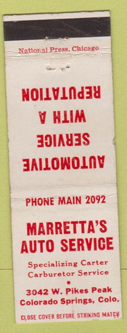 Matchbook Cover - Marretta's Auto Service Colorado Springs CO