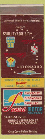 Matchbook Cover - Sunset Motors Chevrolet Oldsmobile Cadillac Dalles OR WORN