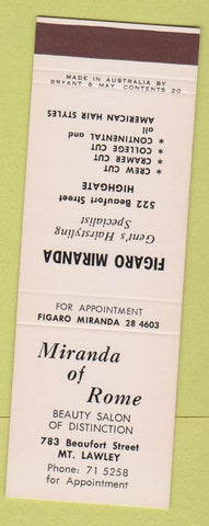Matchbook Cover - Miranda of Rome Salon Mt Lawley Australia SAMPLE