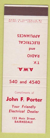Matchbook Cover - John Porter TV Radio Bairnsdale Australia SAMPLE