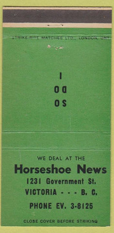 Matchbook Cover - Horseshoe News Victoria BC green 30 Strike
