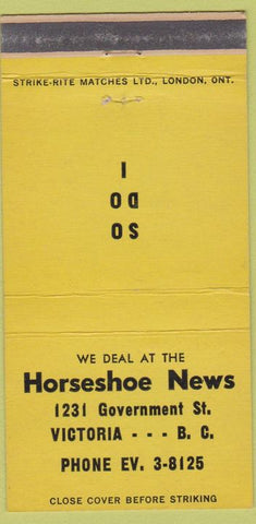 Matchbook Cover - Horseshoe News Victoria BC yellow 30 Strike