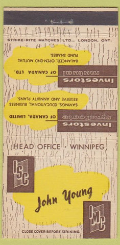 Matchbook Cover - John Young Investors Funds Winnipeg MB 30 Strike