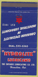 Matchbook Cover - Hydrolite Lubricants oil gas Hamilton ON 30 Strike