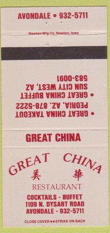 Matchbook Cover - Great China Chinese Peoria Sun City West AZ 30 Strike