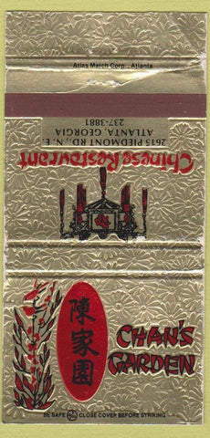 Matchbook Cover - Chan's Garden Chinese restaurant Atlanta GA 30 Strike