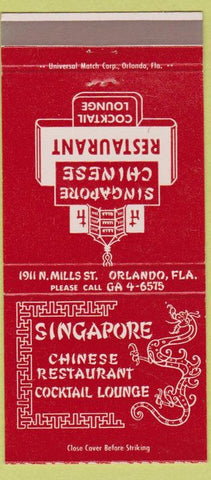 Matchbook Cover - Singapore Chinese Restaurant Orlando FL 30 Strike