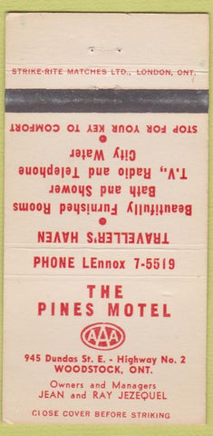 Matchbook Cover - Pines Motel Woodstock ON 30 Strike
