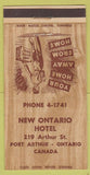Matchbook Cover - New Ontario Hotel Port Arthur ON 30 Strike