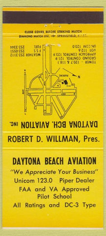 Matchbook Cover - Daytona Beach Aviation Piper Dealer FL yellow 30 Strike