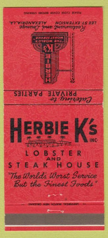 Matchbook Cover - Herbie K's Lobster Steak House Alexandria LA 30 Strike