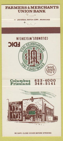 Matchbook Cover - Farmers Merchants Bank Columbus WI Friesland 30 Strike