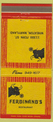 Matchbook Cover - Ferdinand's Restaurant Wheaton MD 30 Strike