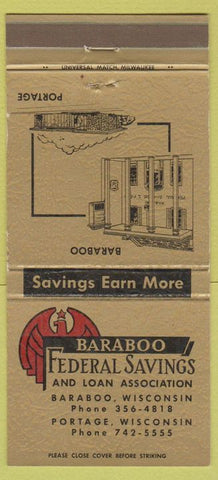 Matchbook Cover - Baraboo Federal Savings WI Portage 30 Strike
