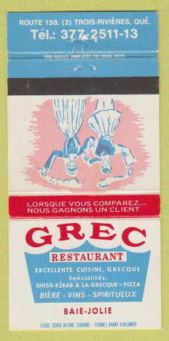 Matchbook Cover - Grec Restaurant Trois Rivieres QC 30 Strike