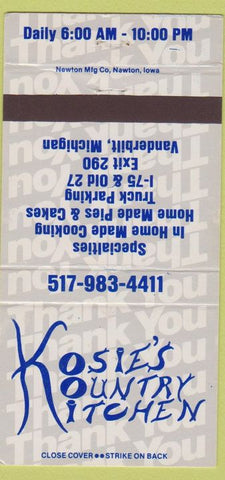 Matchbook Cover - Kosie's Kountry Kitchen Vanderbilt MI 30 Strike