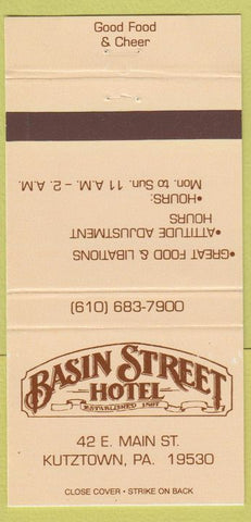 Matchbook Cover - Basin Street Hotel Kutztown PA 30 Strike