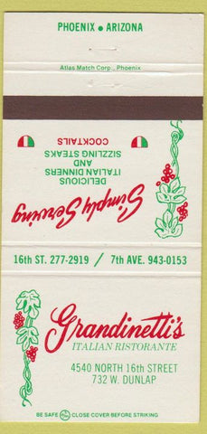 Matchbook Cover - Grandinetti's Italian Restaurant Phoenix AZ 30 Strike