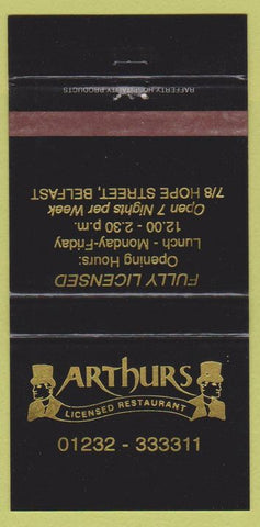 Matchbook Cover - Arthur's Restaurant Hope Street Belfast 30 Strike